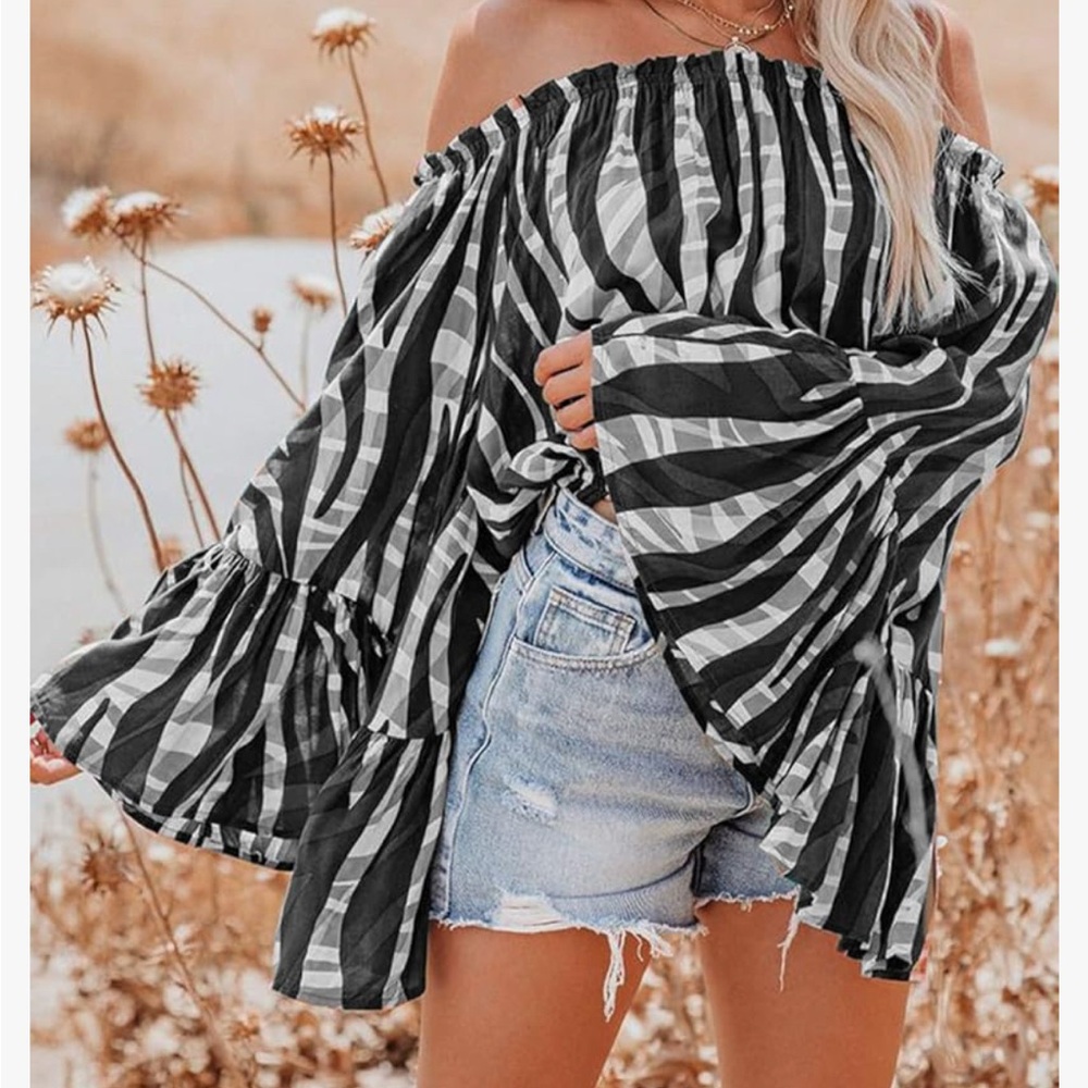 Women's Sexy Boho Off Shoulder Top Blouse Shirt Flowy
Long Bell Sleeve M L